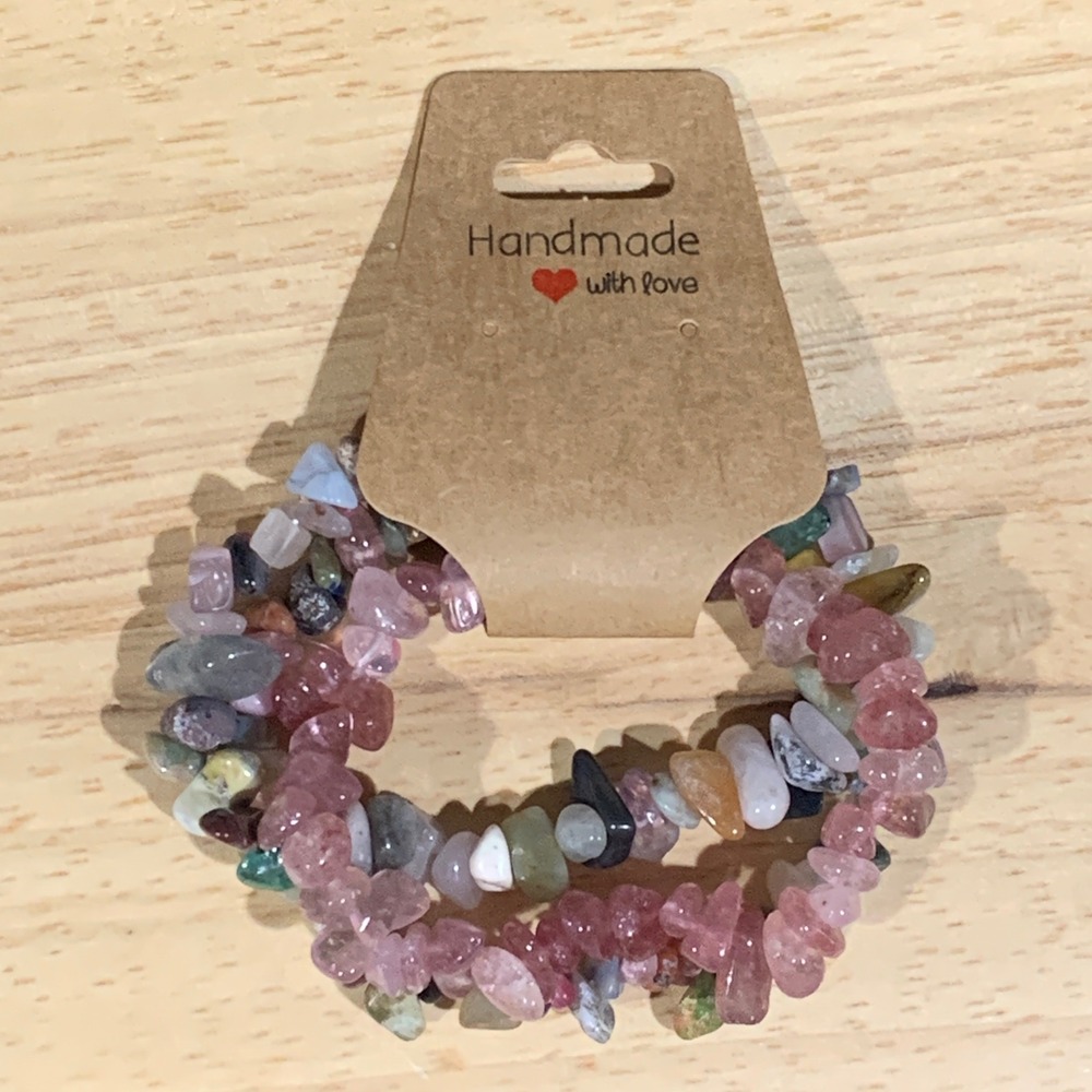 Handmade Stretch Bracelet Womens OS 3pc Set Pink Multicolor Stone Chip Boho Gem